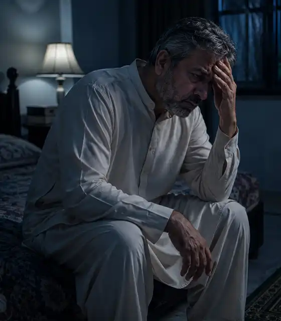 ایک تھکا ہوا اور فکرمند مرد جو مردانہ کمزوری کا سامنا کر رہا ہے