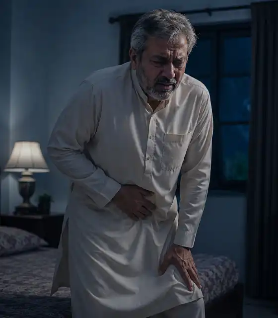 ایک مرد نچلے حصے میں بھاری پن اور تکلیف محسوس کرتے ہوئے